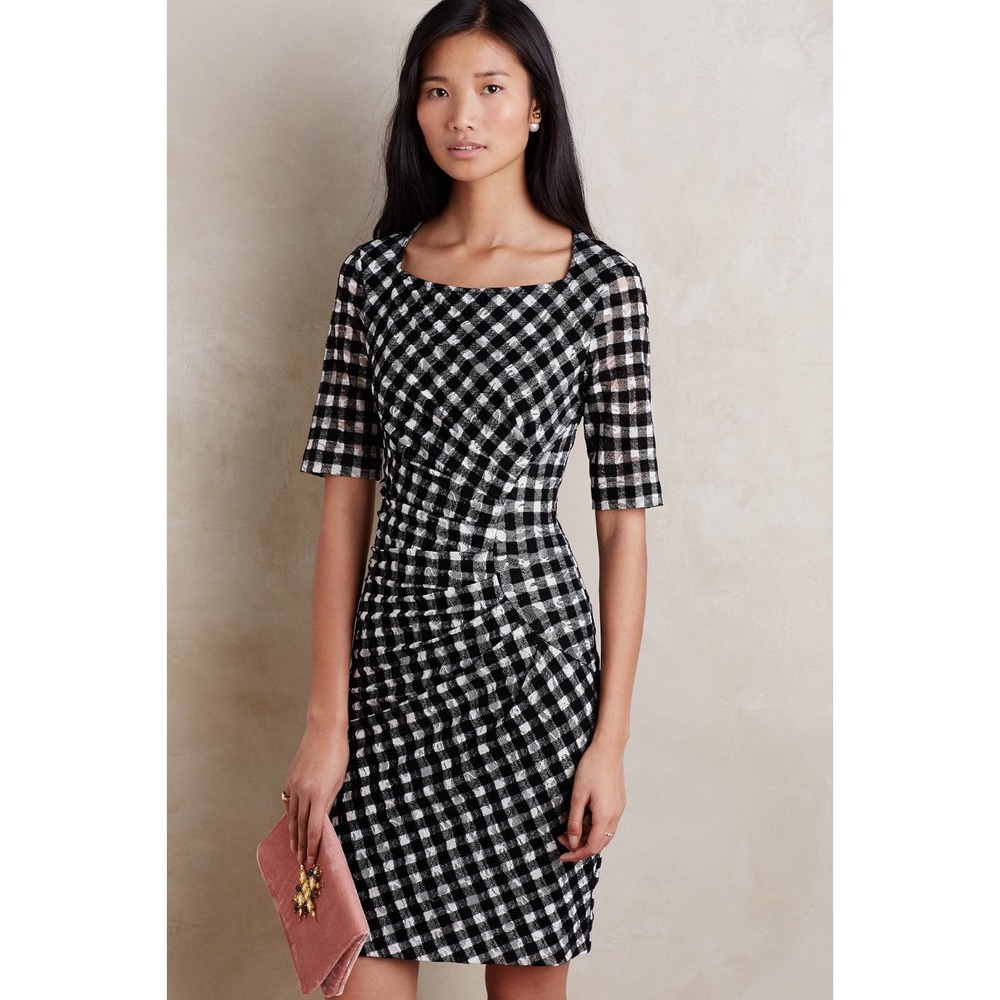 NWT Anthropologie Maeve Black & White Elorn‎ Checkered Lace Ruched Dress Size 0P